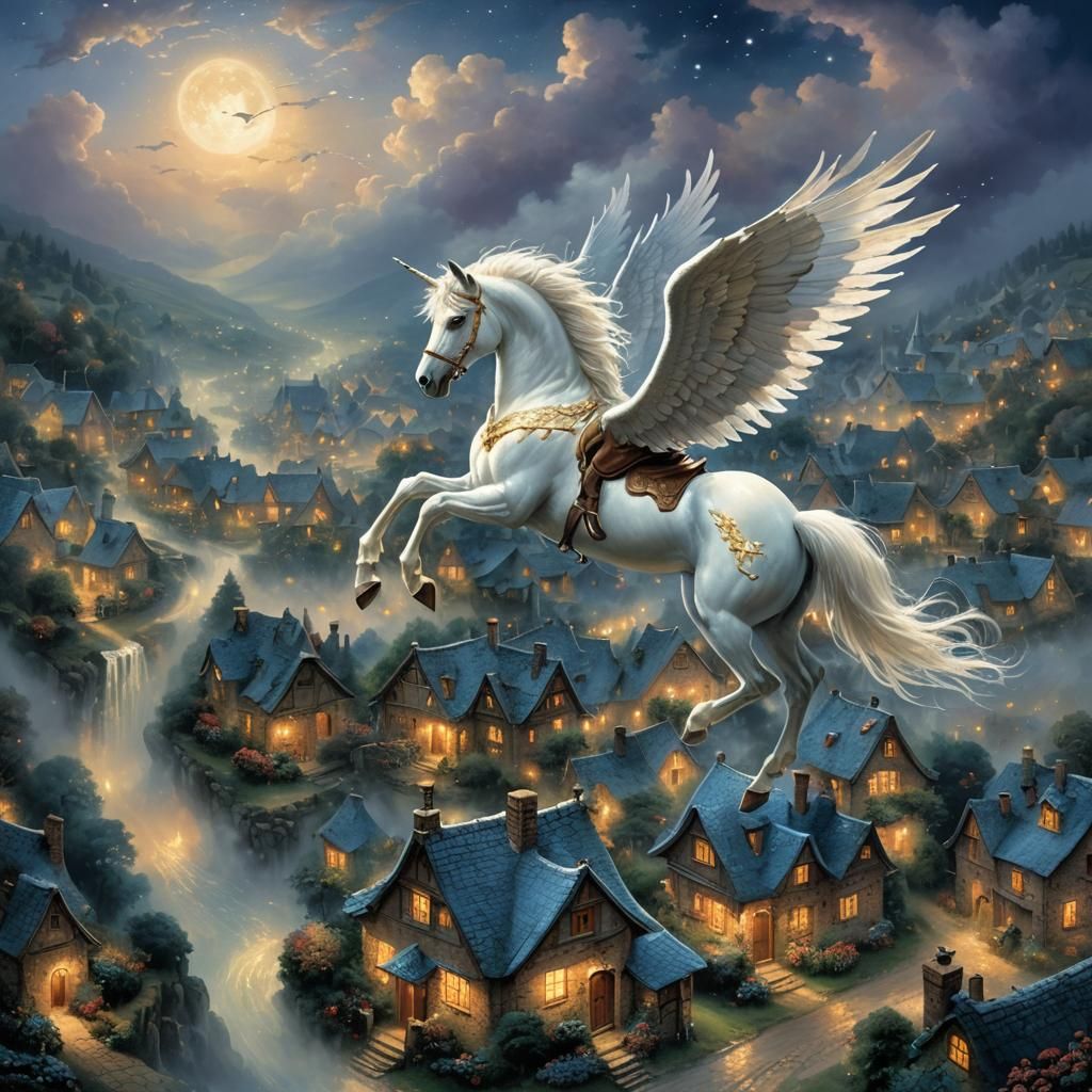 Ethereal Pegasus Flight Over Misty Village