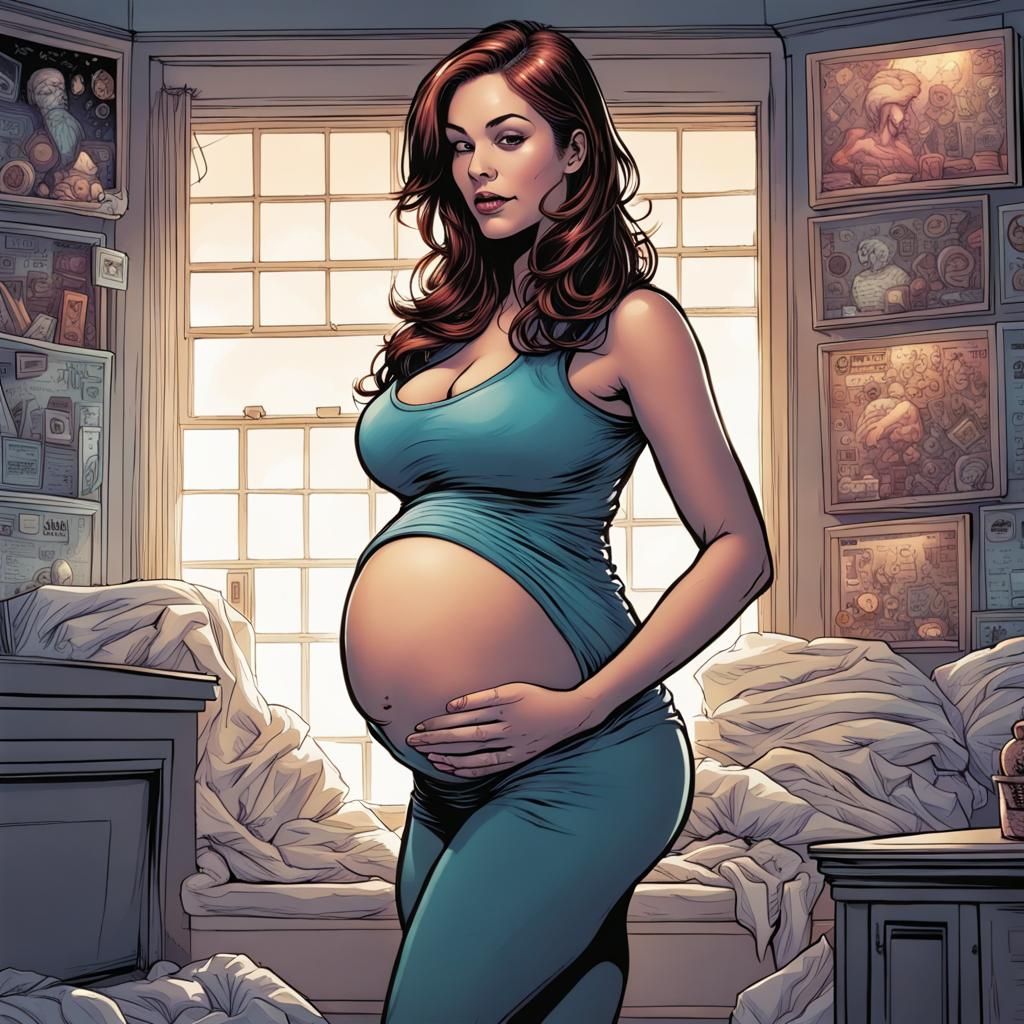Pregnant Woman in Leggings: Comic Book Style
