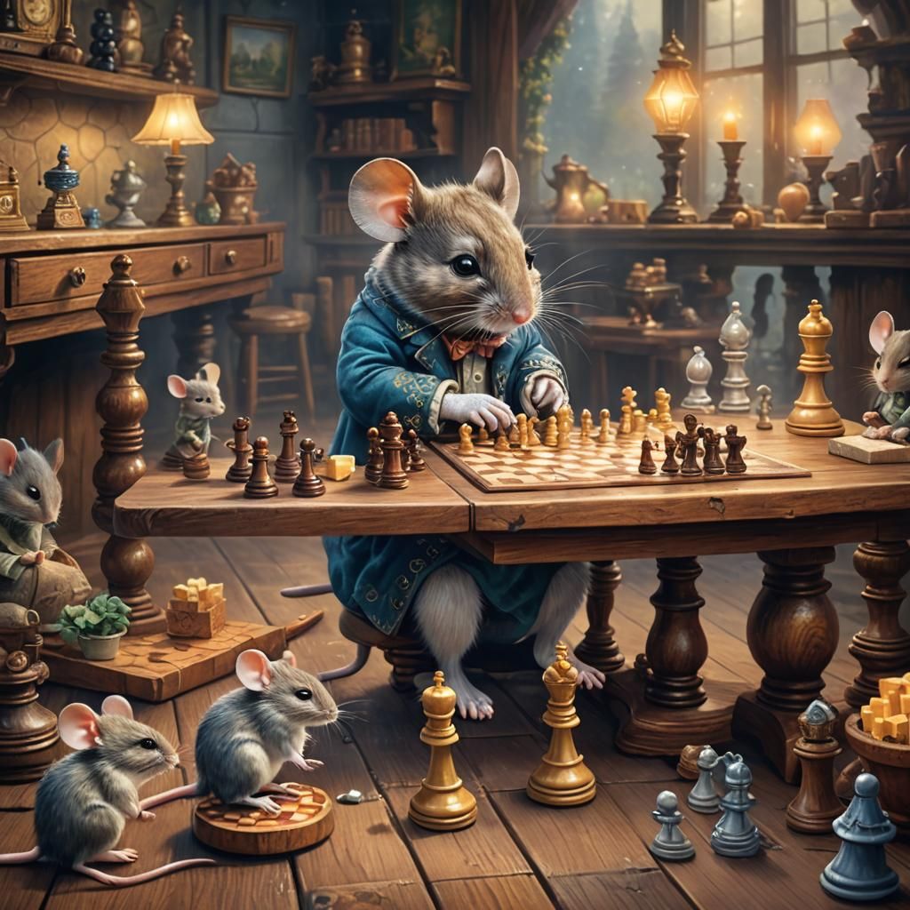 Mouse Plays Chess in Victorian Style Setting