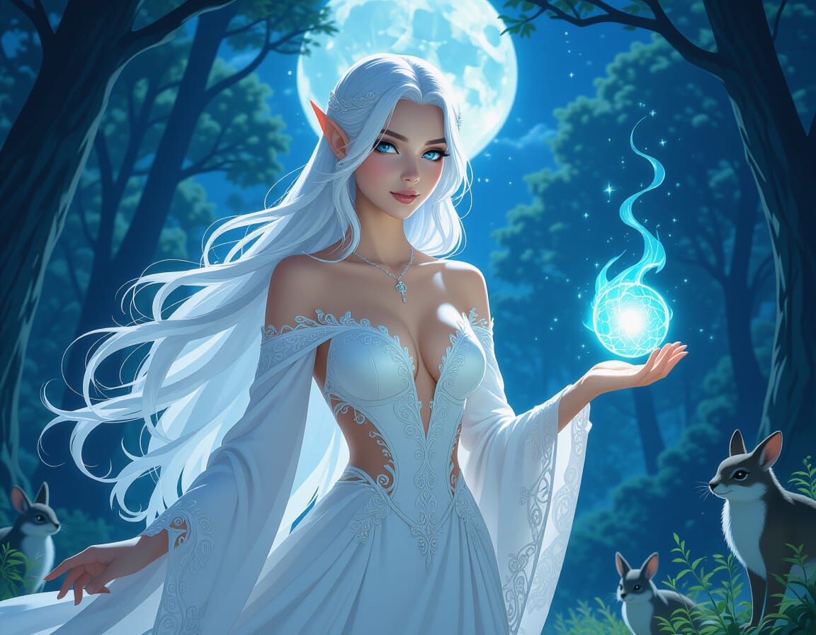 Enigmatic Elf Practicing Magic in Enchanted Forest