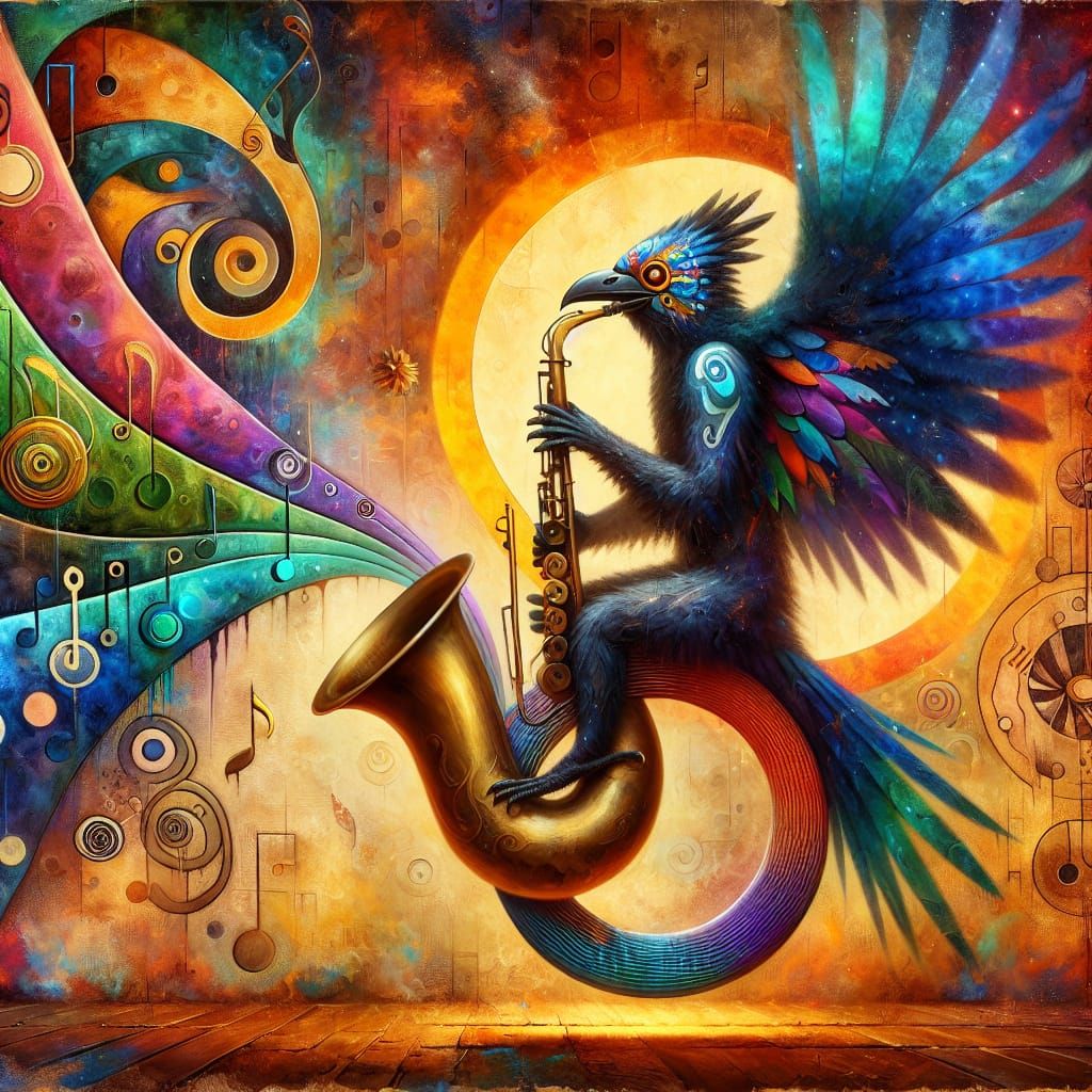 Raven God Plays Jazz in Watercolor Style