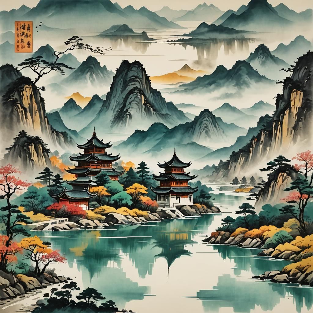 Chinese Ink Wash Painting: River, Mountains, Pagoda