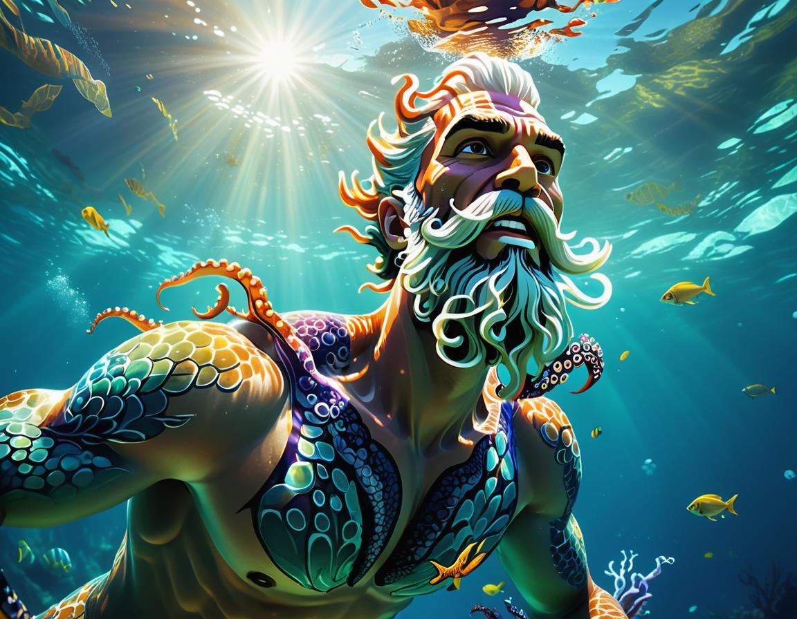 Merman with Octopus Beard in Caribbean Waters