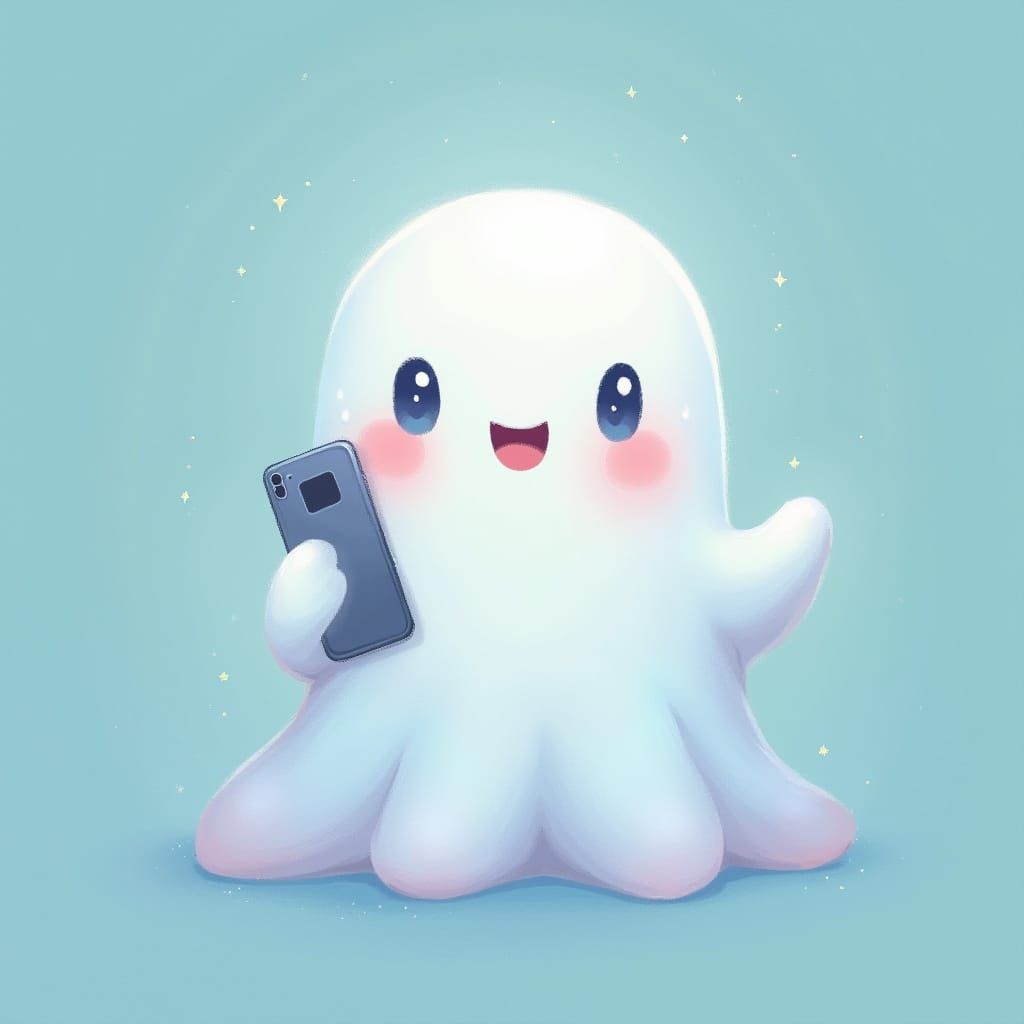 Whimsical Ghost Holds Modern Smartphone in Ethereal Glow