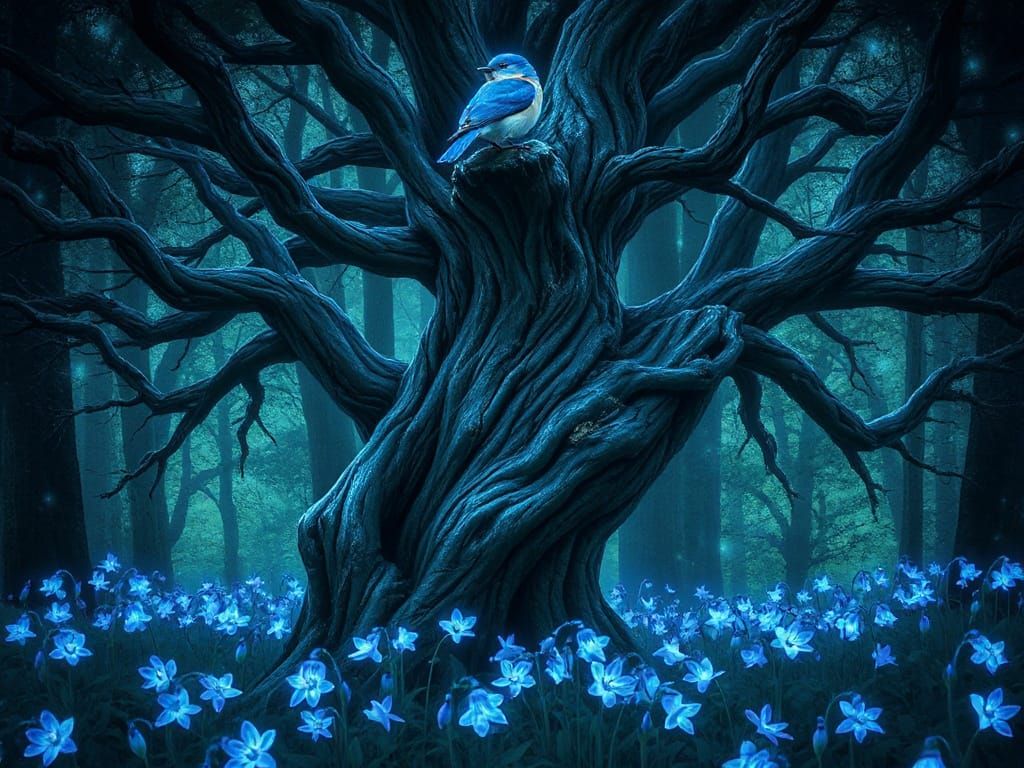 Bluebird in Enchanted Forest, Bioluminescent Illustration