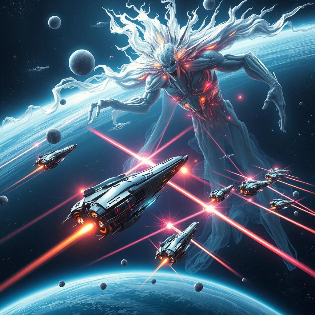 Epic Spaceship Battle Against Ethereal God in Sci-Fi Style