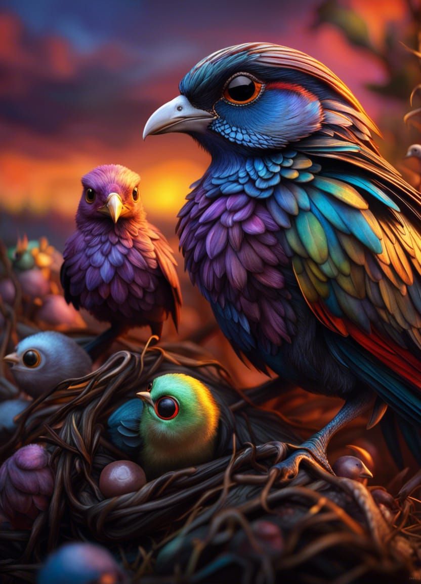 Fantastical Bird Family in Maximalist 3D Rendering
