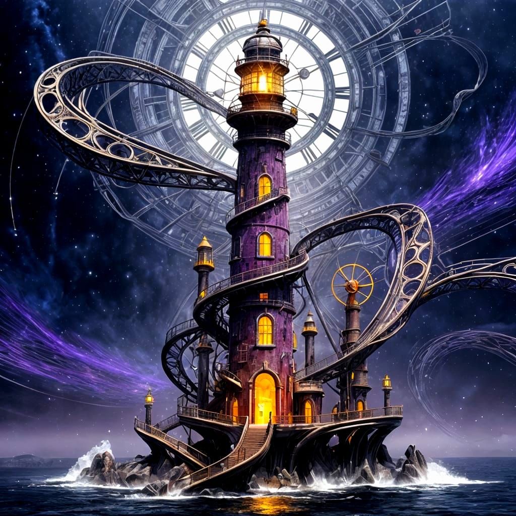 Steampunk Lighthouse with Glowing Channels in Marble