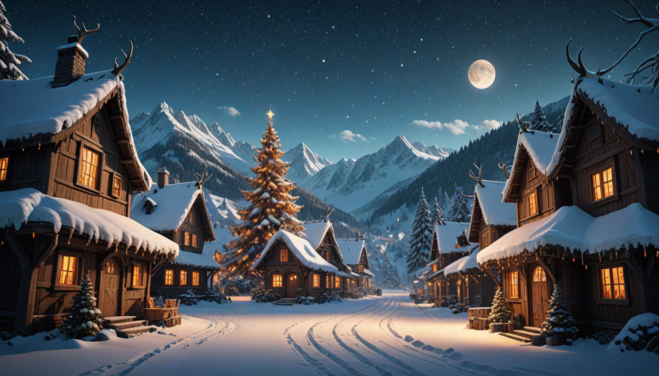 Whimsical Snowy Village Scene at Night in Vibrant Digital Pa...