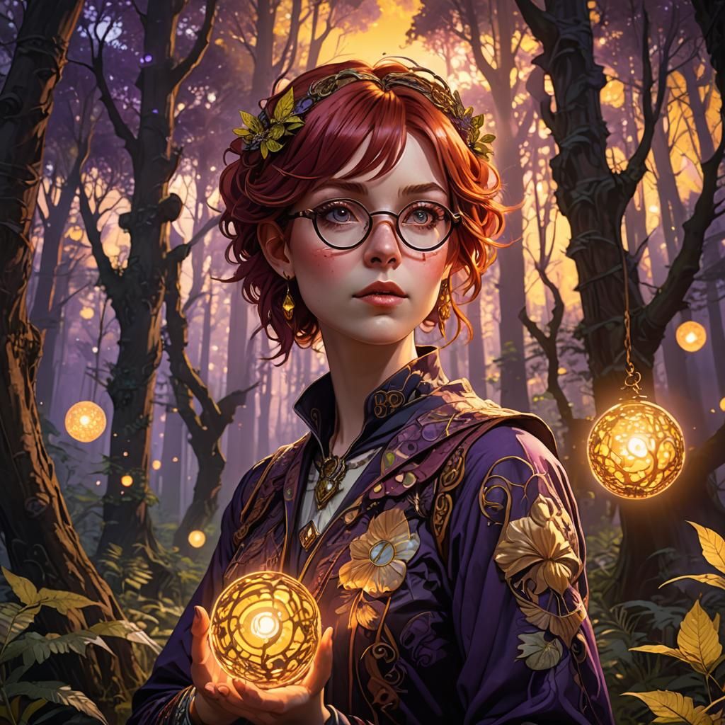 Redhead Girl in Mystical Forest, Anime Style