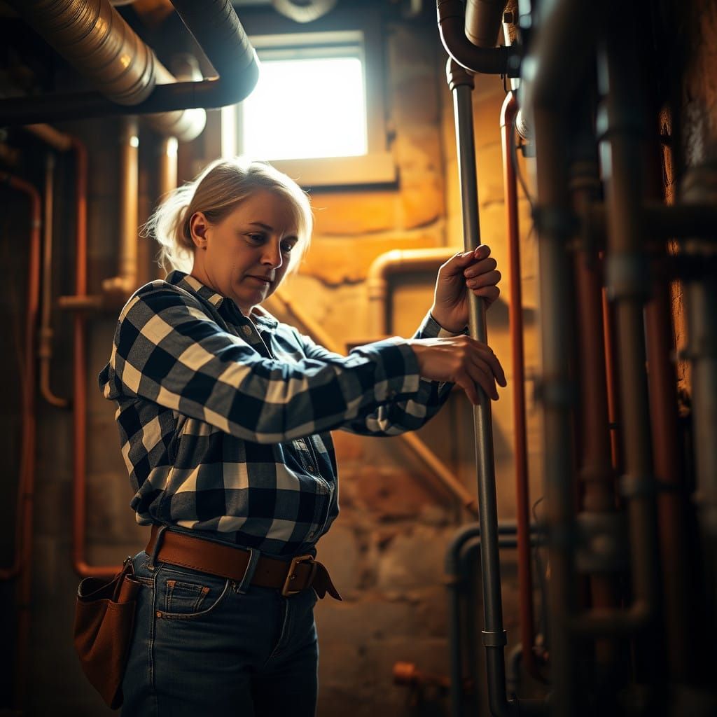 Plumber's Focus in Rustic Basement