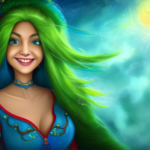 Beautiful Latina with Blue Hair in Fantasy Scene