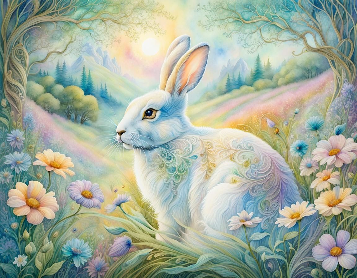 Spirit Rabbit in Enchanted Meadow, Watercolor Art