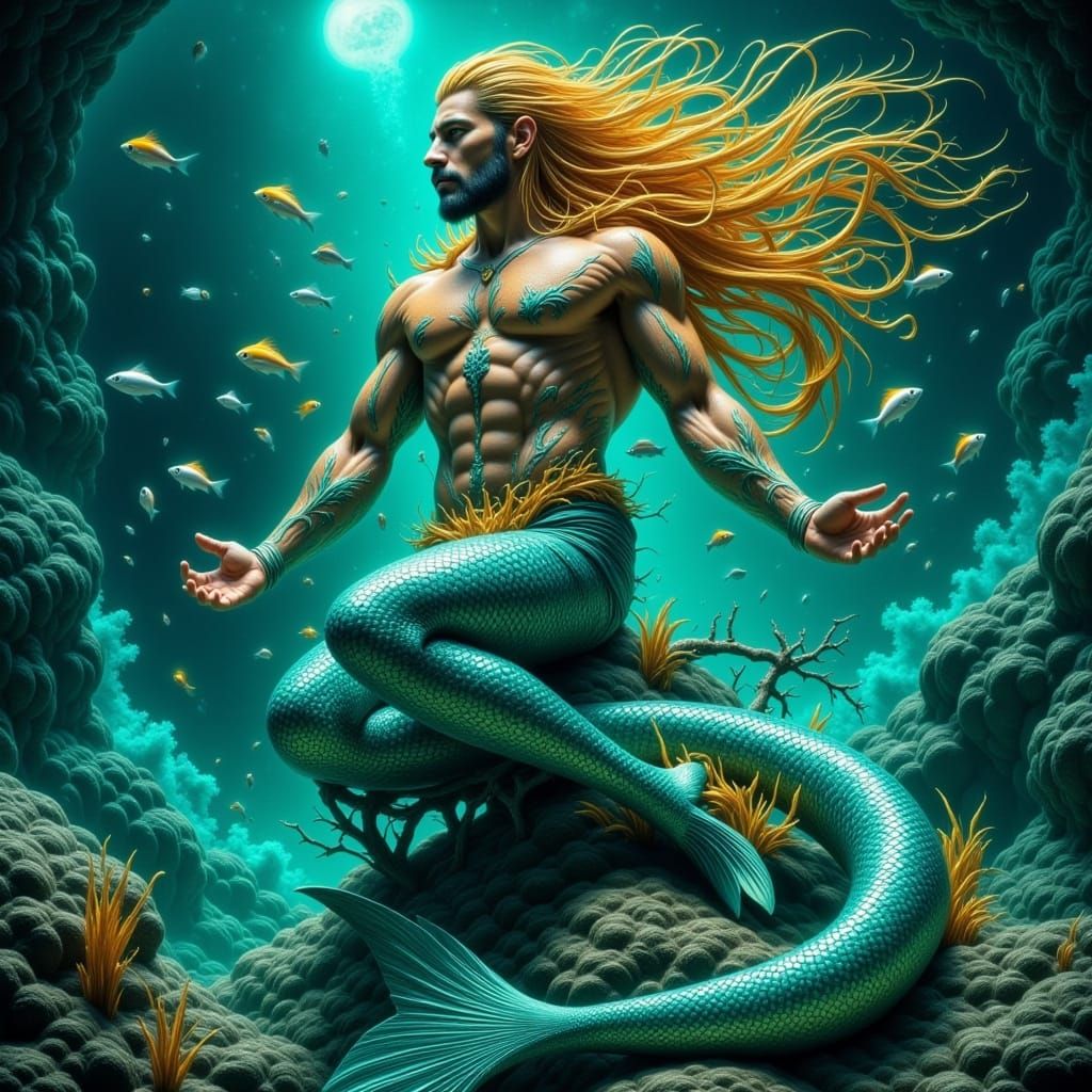 <lora:Abstract Reality:1.0> <lora:Flux Hyperreal:1.0> Mermaid muscular man
