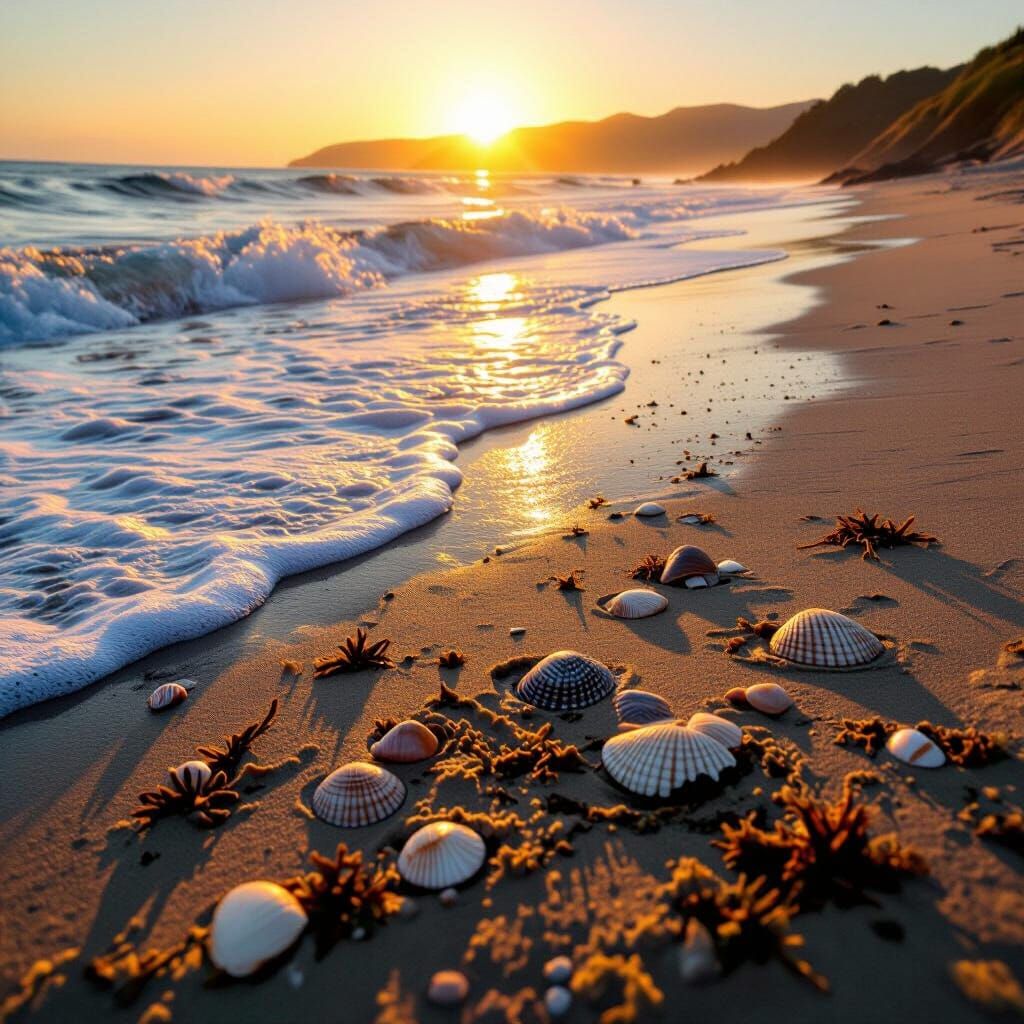 Ephemeral Sand Art seascape at Golden Hour