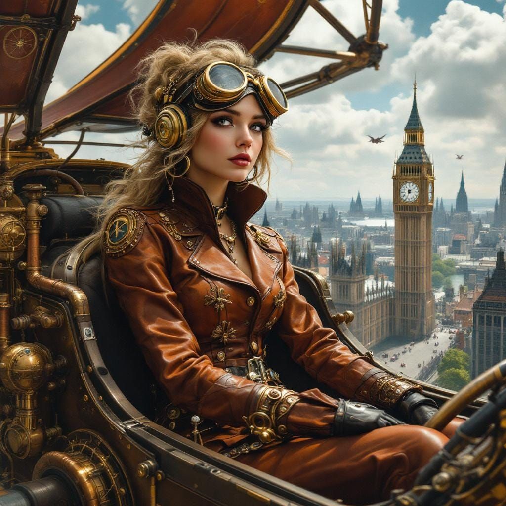 Steampunk Woman Flies Over Victorian London
