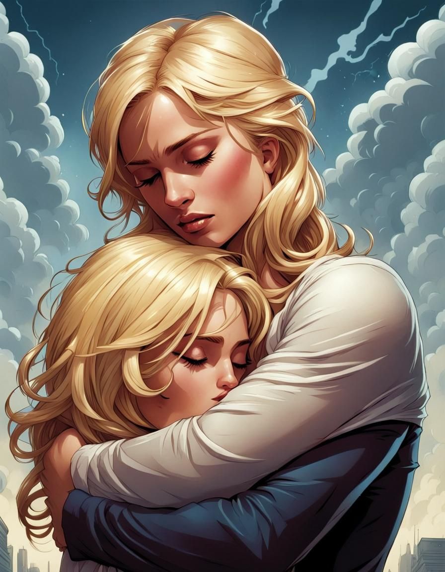 Blonde Woman Self-Embrace in Comic Book Art Style