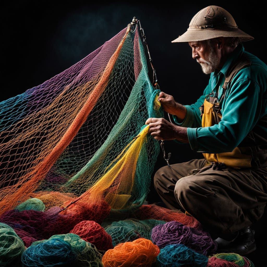 Fisherman Mends Vibrant Net with Dramatic Lighting
