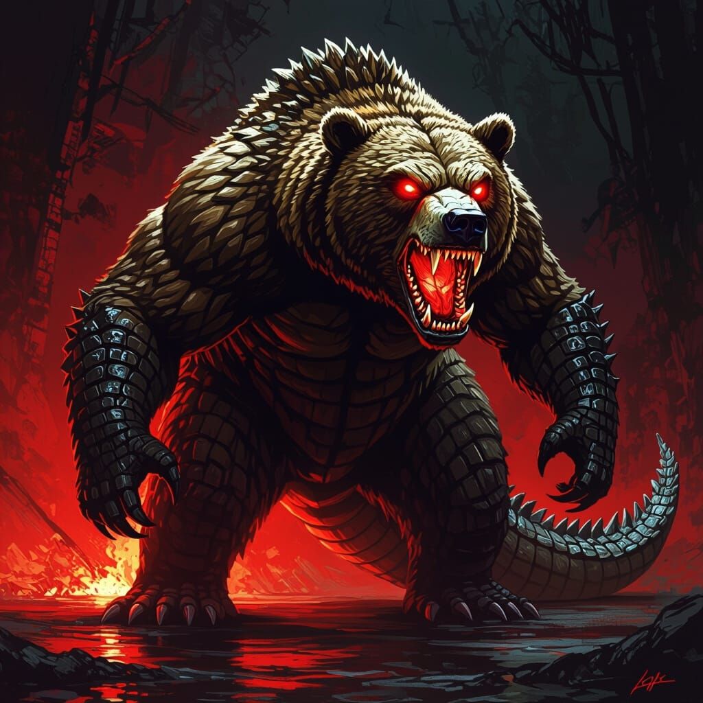 Terrifying Bear-Crocodile Hybrid Creature in Ominous Lightin...