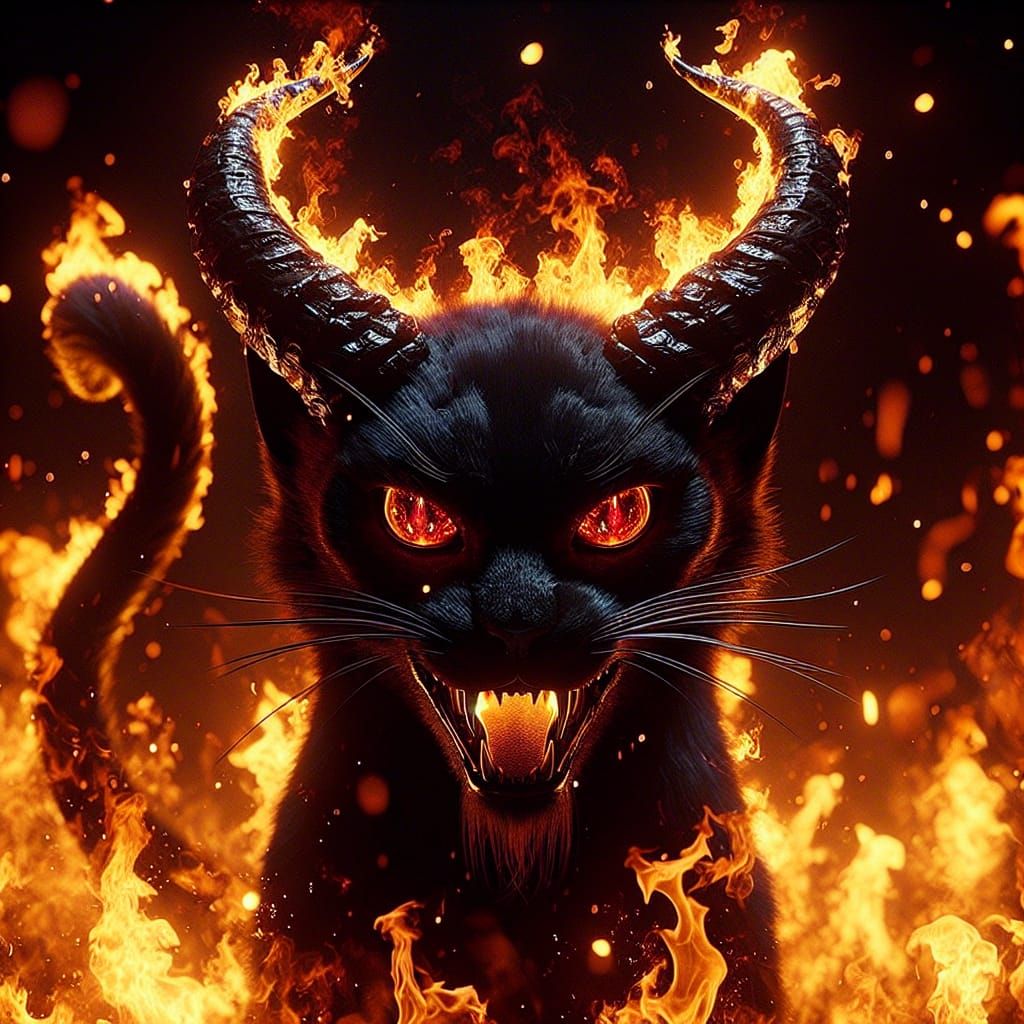 Infernal Feline: A Devilish Cat in Fiery Flames
