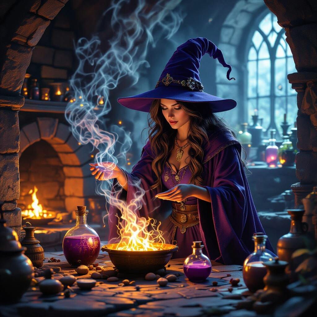 Witch Brewing Potions in Enchanted Chamber