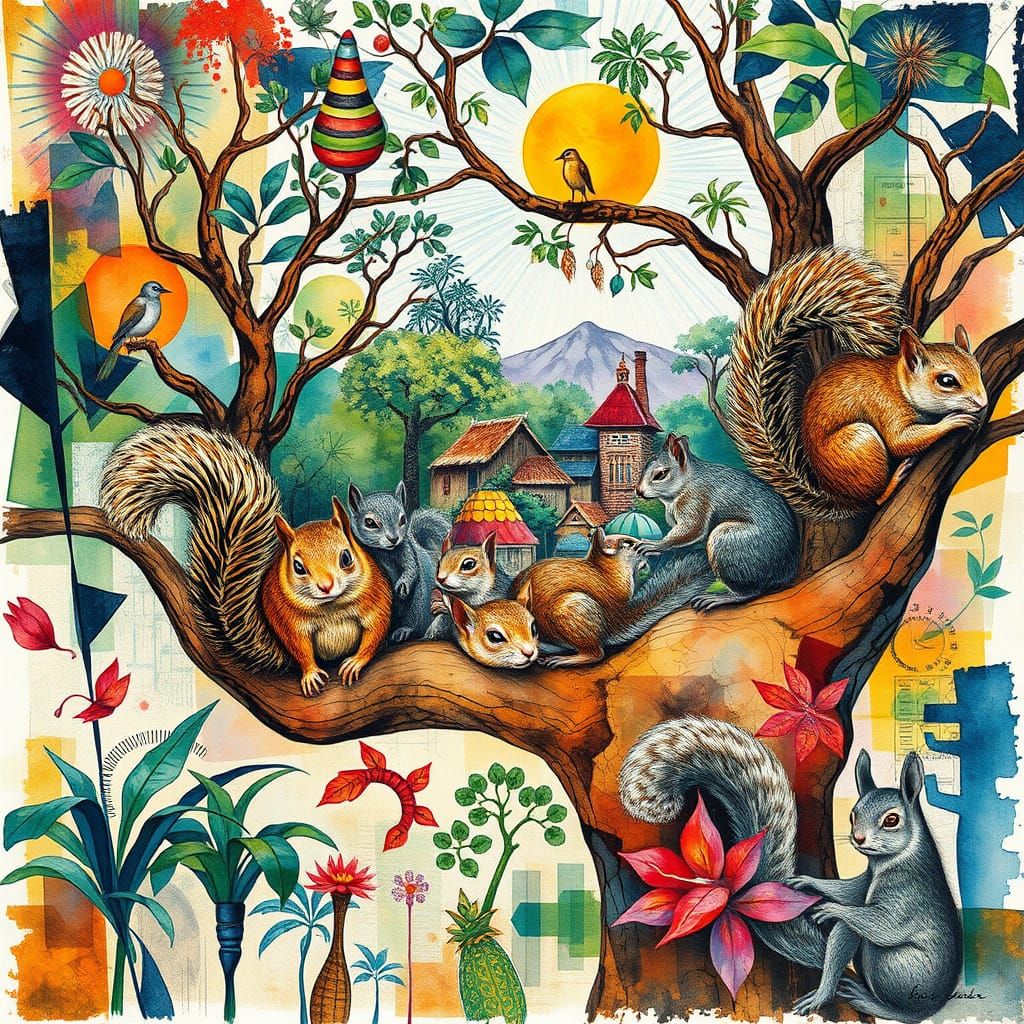 Whimsical Jungle Village in Vibrant Patchwork Style