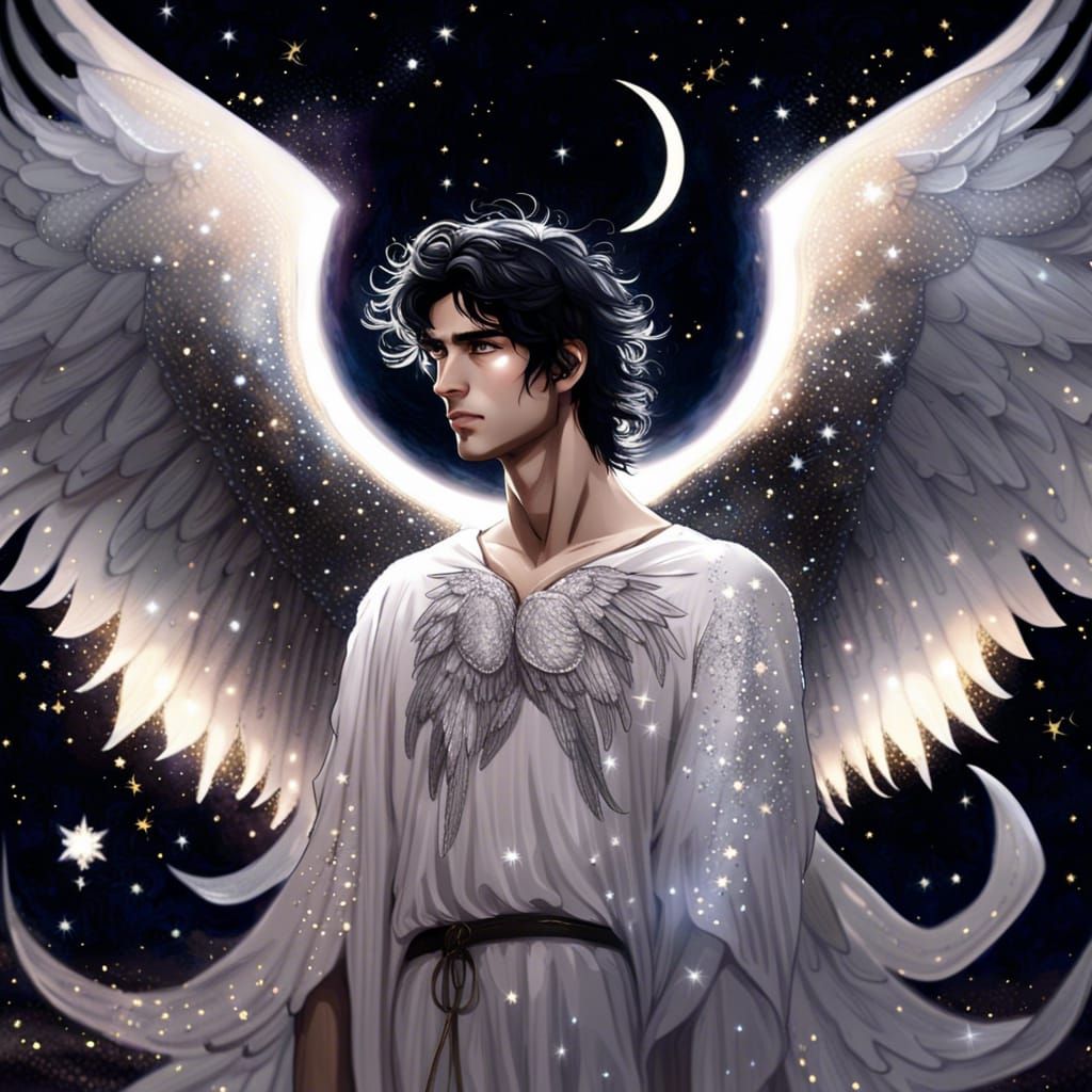 Handsome Angel with Glittering Wings in Moonlight