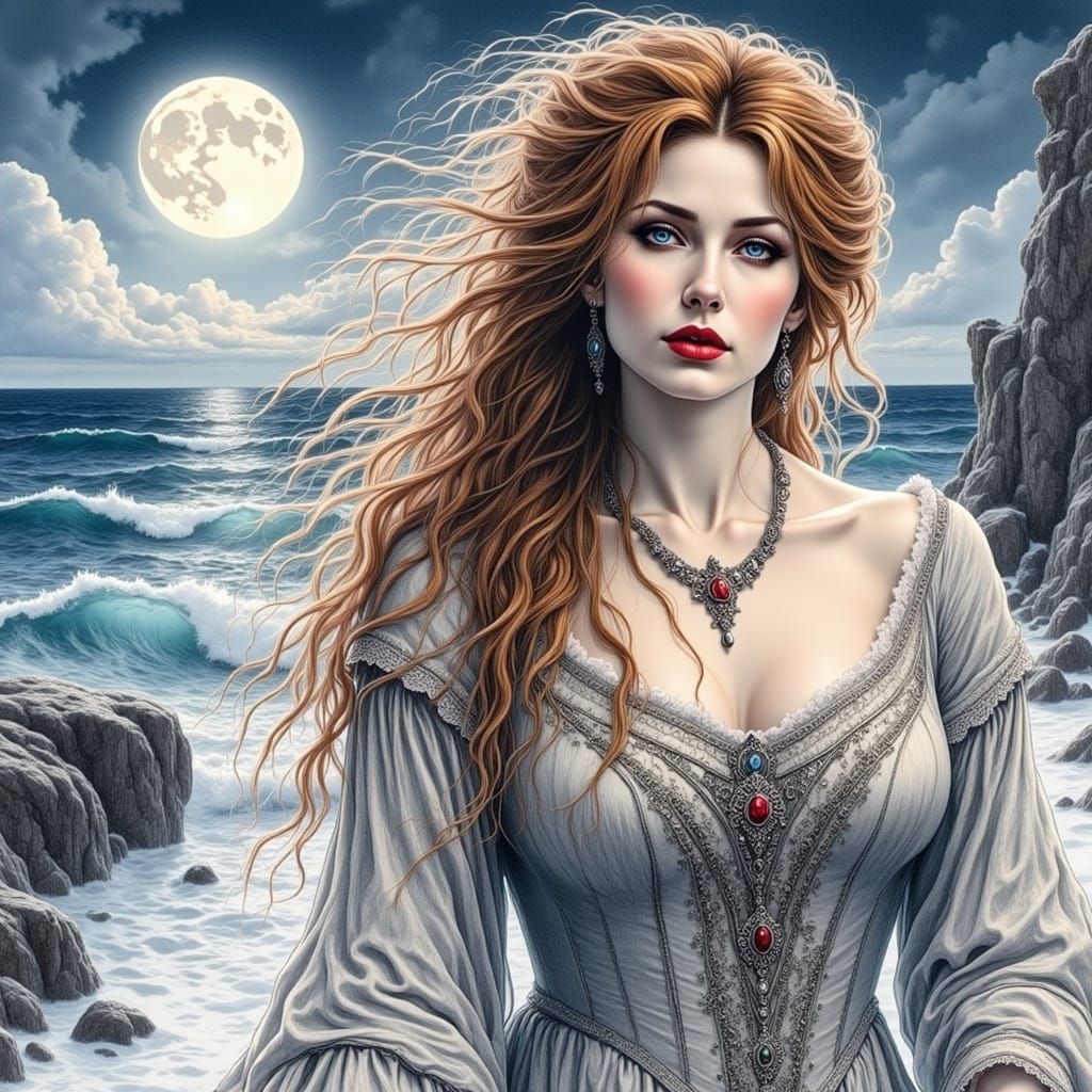 Gothic Red Haired Woman on a Moonlit Ocean