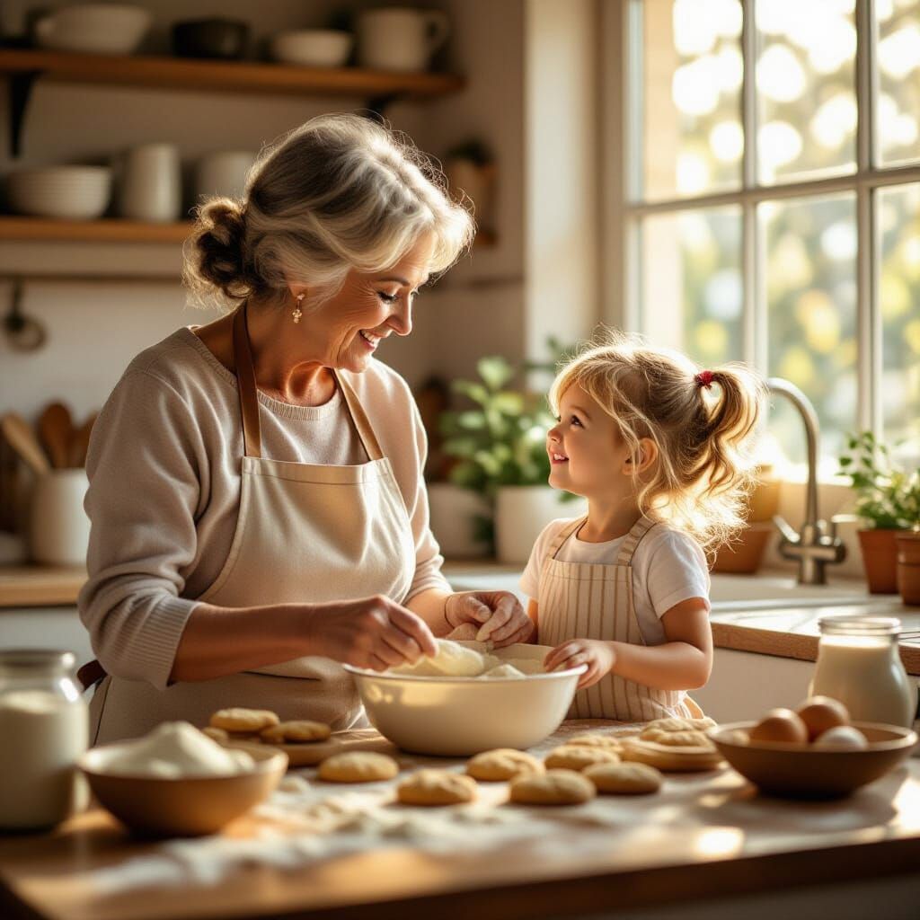 Grandmother and Granddaughter Baking Cookies in Sunlit Kitch...