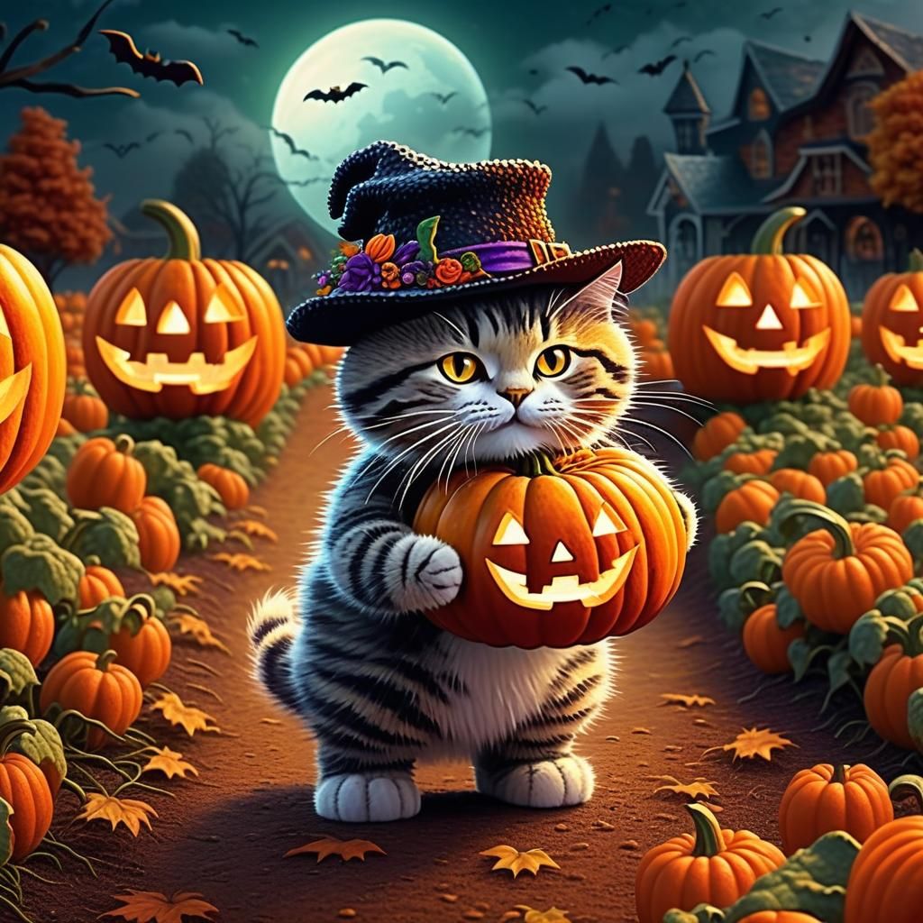 Halloween Cat with Pumpkin in Pointillist Style