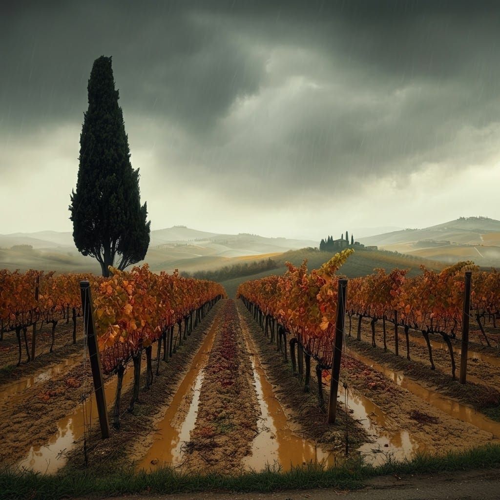 Italian Cypress Tree in Autumn Rainstorm