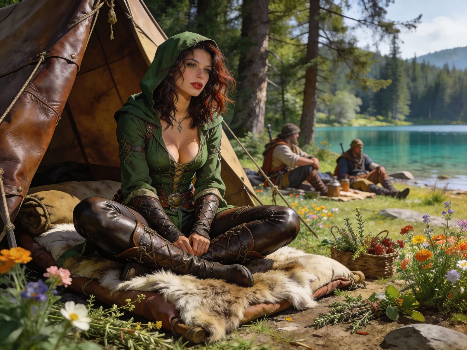 Sensual Rogue Resting by Forest Lake in Detailed Illustratio...