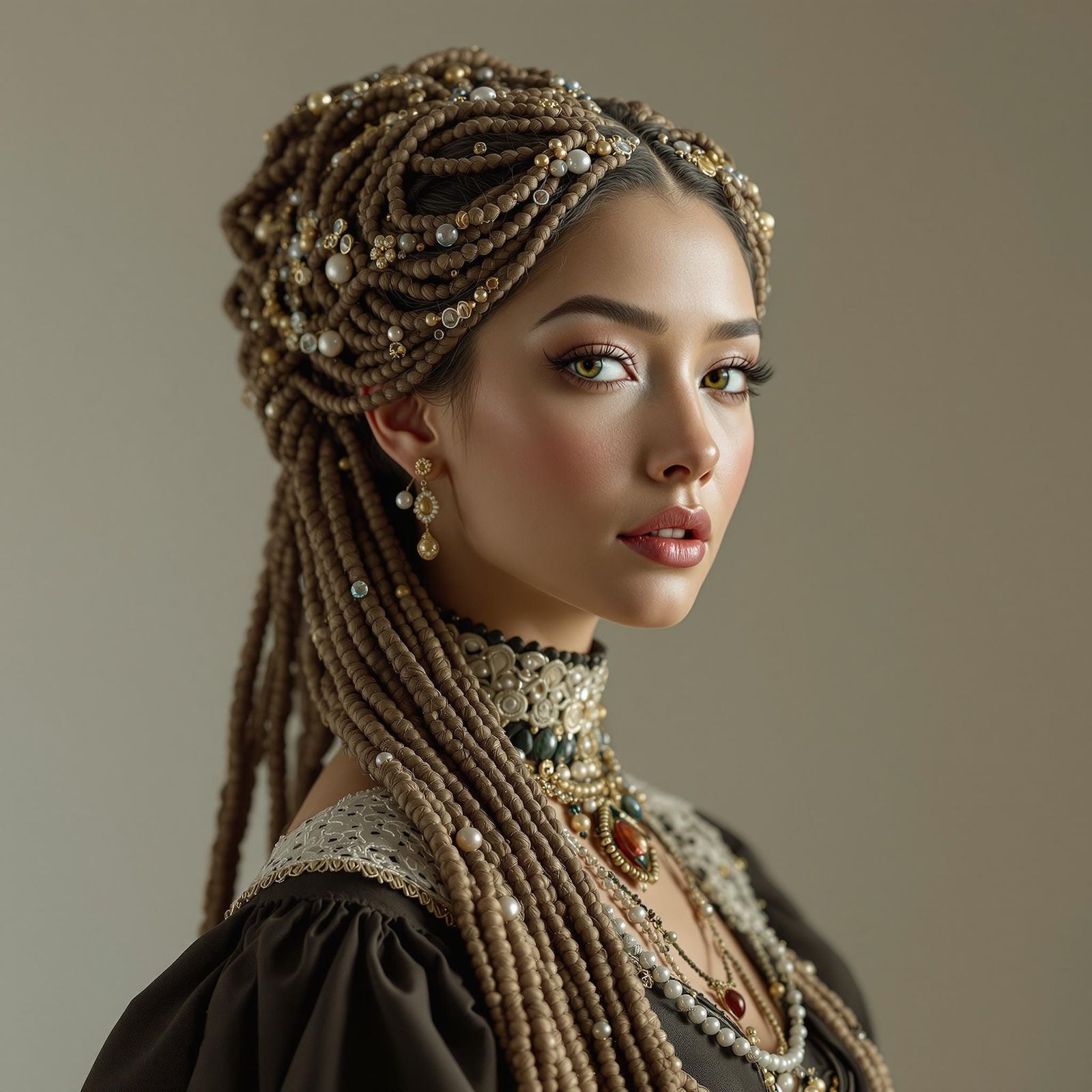 Hyperrealistic Portrait of Woman with Braided Hair