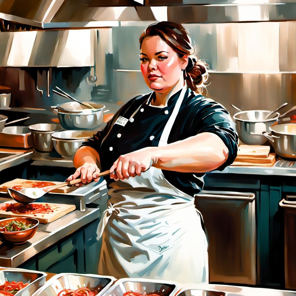 Ink Painting of Plus Size Chef in Kitchen