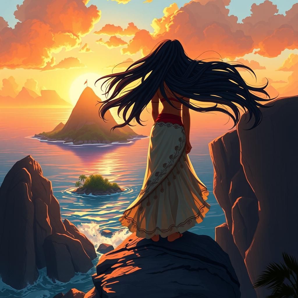 Moana Gazes at Te Fiti Sunset: A Digital Illustration