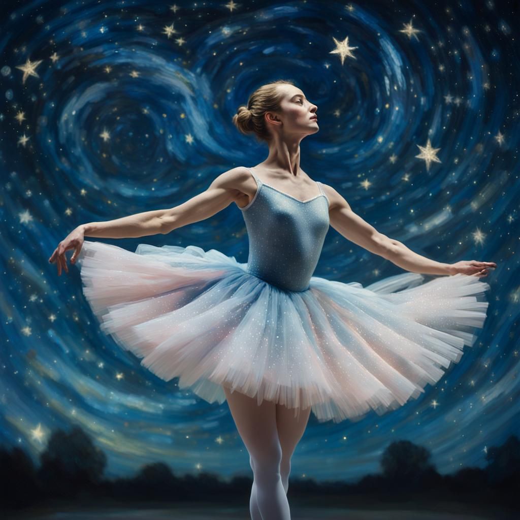 Ballerina Silhouette in Starry Night Sky: Impressionism
