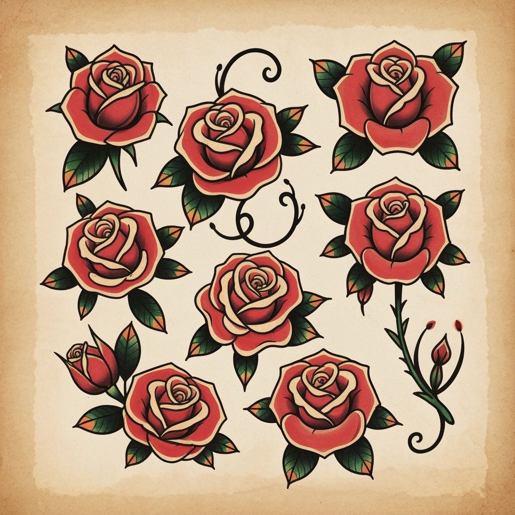 Rose Tattoo Flash Sheet in Traditional Style