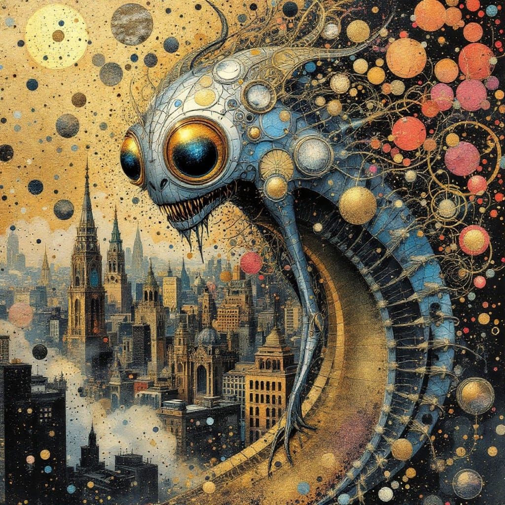 Dazzling Metallic Creature in Art Nouveau Metropolis