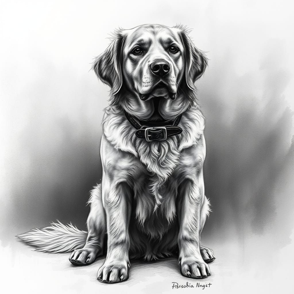 Charcoal Portrait of a Regal Golden Retriever