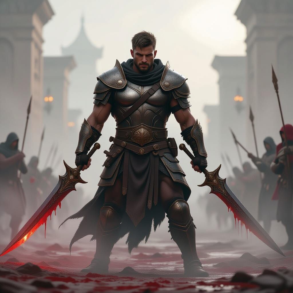 Male Gladiator Fighter on Bloody Battlefield