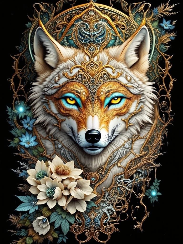 Majestic Wolf Portrait Inside Gold Orb, Digital Art