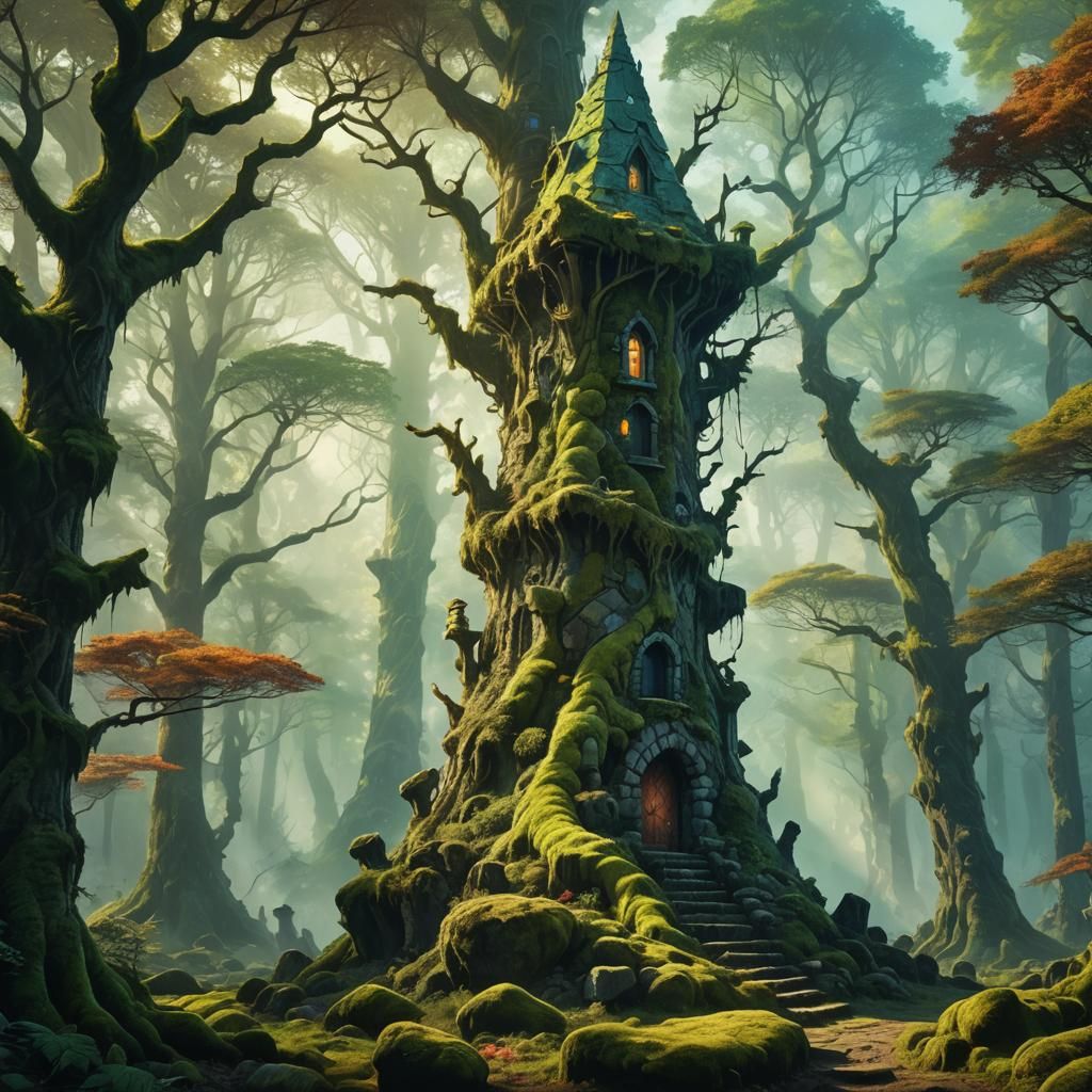 Mossy Stone Wizard Tower in Ancient Forest