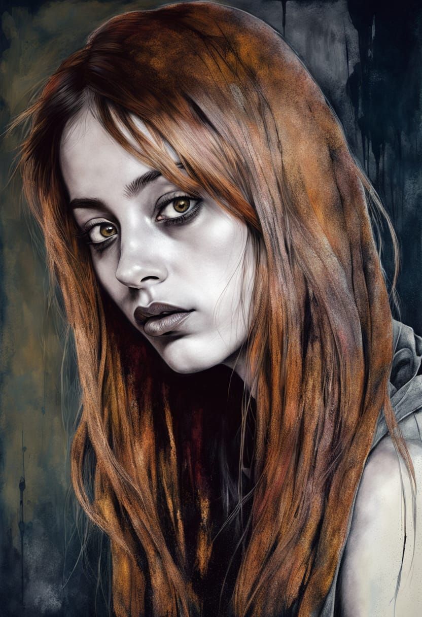 Elegant Goth Girl Portrait in Impasto Style