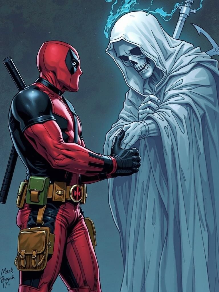 Deadpool shaking hands with the specter of Death