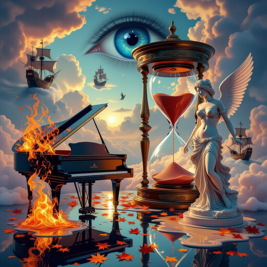 Surreal Dreamscape with Fiery Piano and Steampunk Hourglass