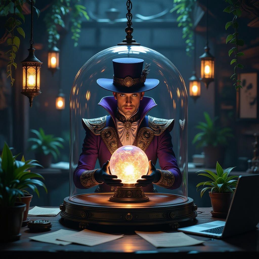 Steampunk Figure Encased in Dome with Crystal Ball