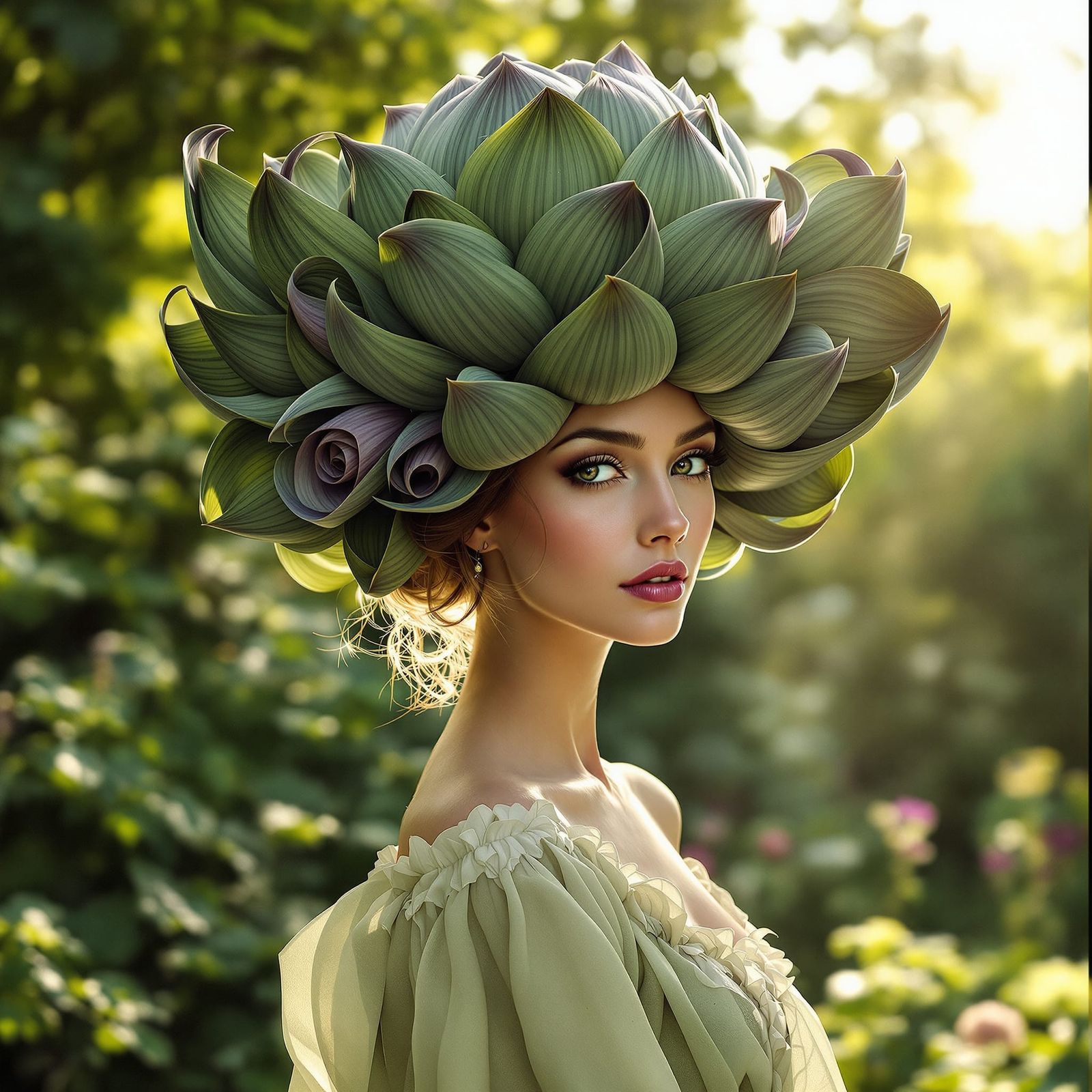 Woman with Artichoke Hat in Sunlit Garden