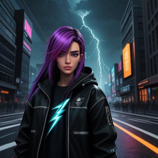 Brunette Hacker Girl in City with Lightning, Anime Style