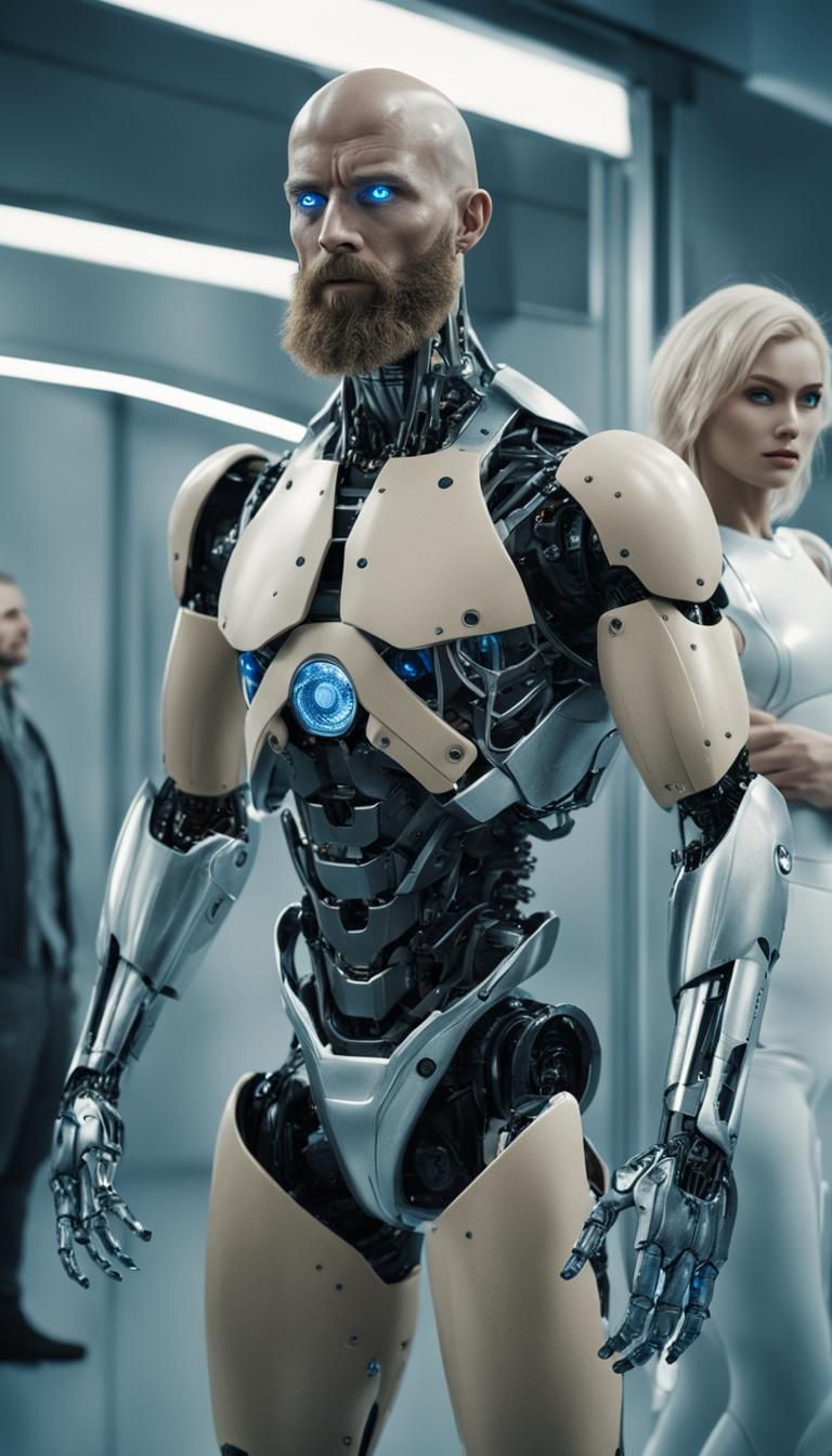 Futuristic Humanoid Robot Idol Worship: Cinematic Film Still