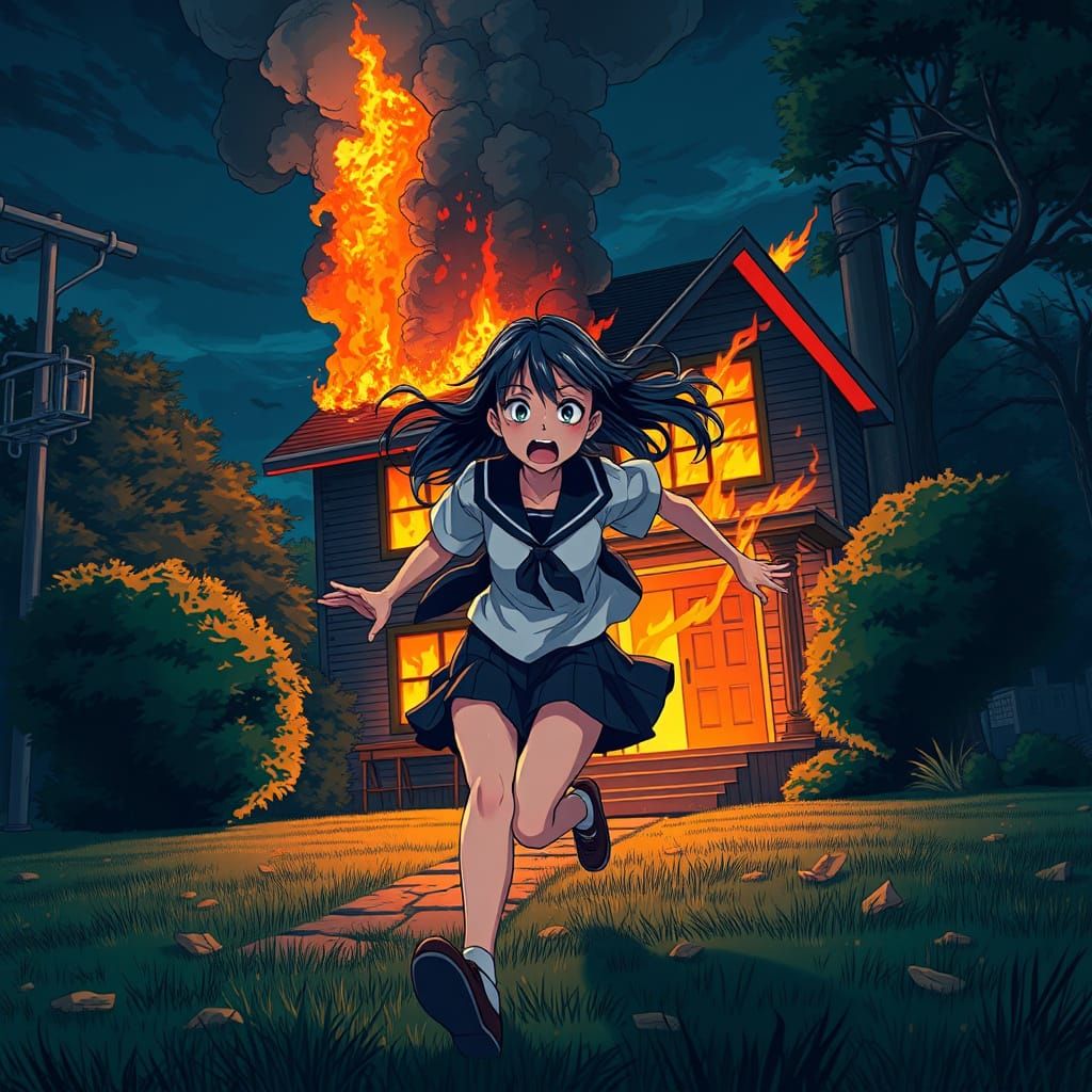 Frantic Teenage Girl Flees Burning House in High-Energy Anim...